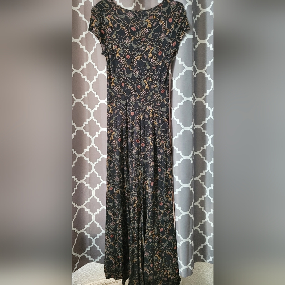 Peruvian Connection Black Floral Maxi Tee Shirt Dress